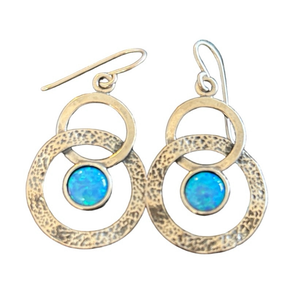 Textured 925 Sterling Silver Double Circle Blue Opal Drop Earrings